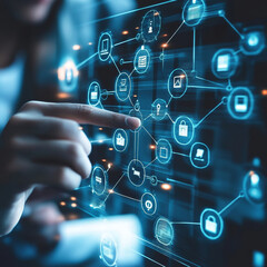 Hands holding globe with network connecting data of project planning, project scheduling, project tracking, resource allocation, stakeholder management, risk assessment, quality assurance, evaluation.