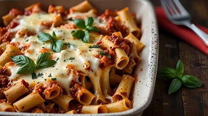 A tray of baked ziti with cheese bubbling on top 