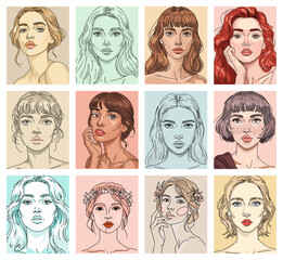 soft color woman faces line art  