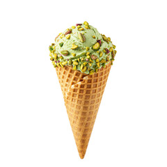 Delicious pistachio ice cream cone with nuts, isolated on white background