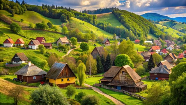 Traditional Transylvanian village with colorful wooden houses and thatched roofs, surrounded by rolling hills and green forests, transylvania, village