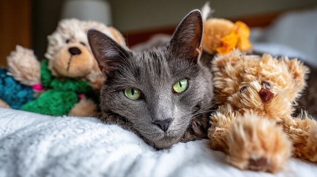 Cozy gray cat relaxing on a soft bed surrounded by plush teddy bears in a warm, inviting room