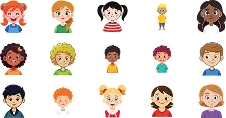 Cartoon Kids Character Collection, Diverse Children in Vector Style,A fun and colorful vector set of cartoon kids featuring diverse characters with different hairstyles, facial expressions
