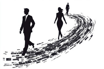 Silhouettes of business professionals walking along a dynamic path of abstract data with a modern artistic flair reflecting movement and progress in a digital world
