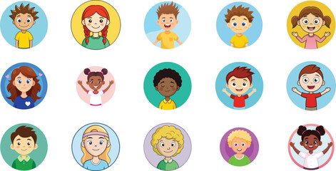 Cartoon Child Profile Icons, Diverse Kids Avatars in Colorful Circles,A cheerful set of cartoon child profile icons featuring diverse kids in round colorful frames. Includes various hairstyles
