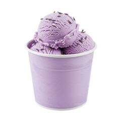 A delicious lavender ice cream in a cup, showcasing its creamy texture and vibrant color