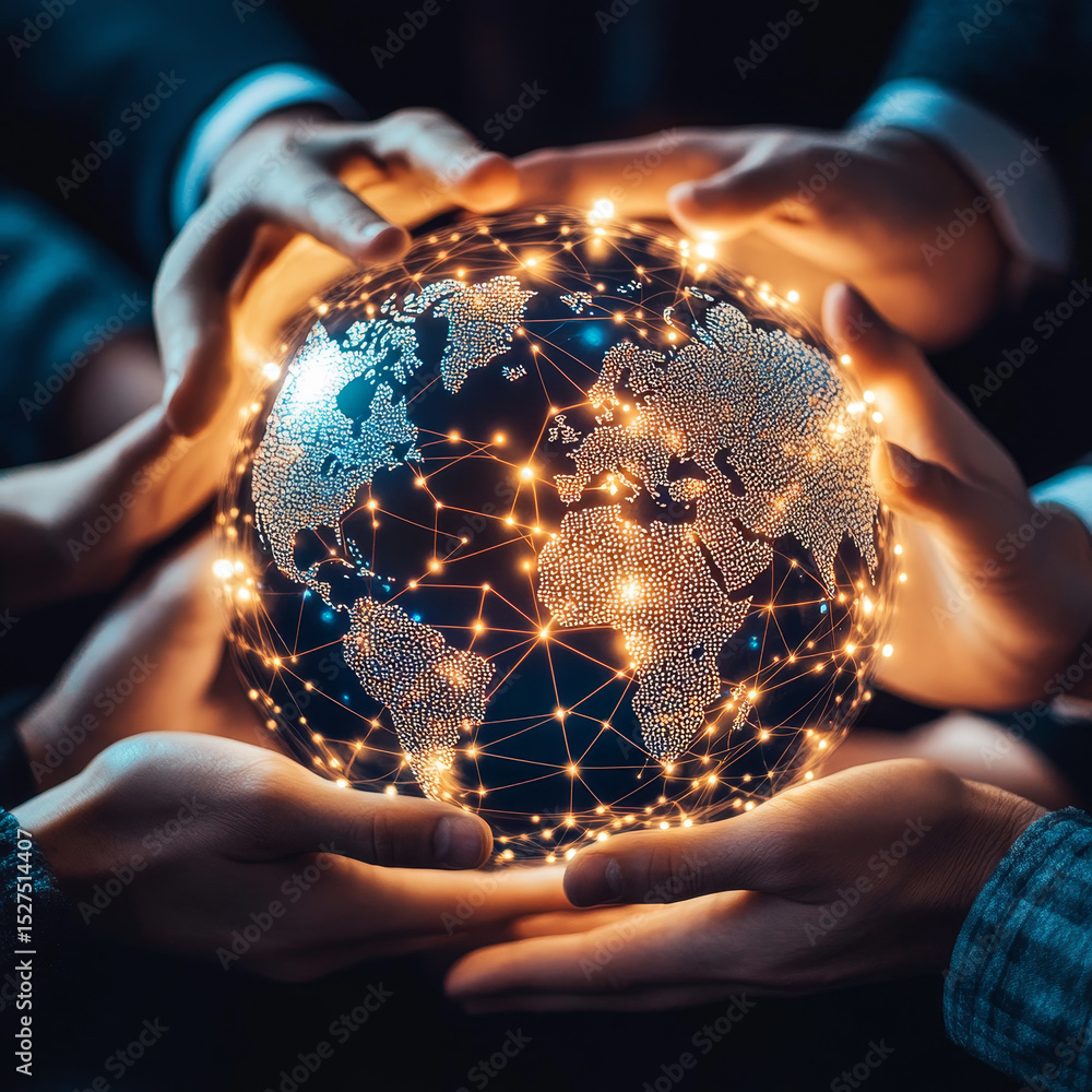 Poster teamwork. hand holding the globe with network connecting data. symbol of digital technology, showcas