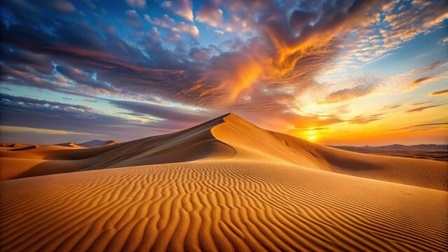 A lone sand dune standing tall in a vast desert landscape at sunset with the sky painted in hues of orange and pink, burges