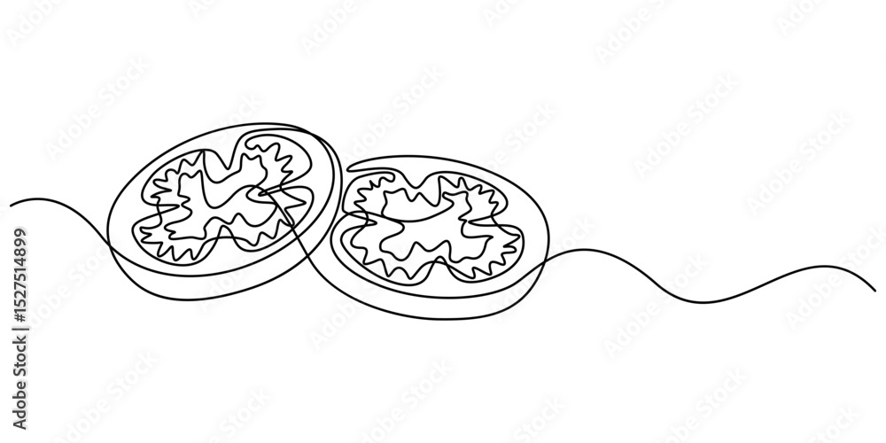 Poster tomato slice continuous one line drawing, continuous one line drawing of fresh tomato. a whole and s