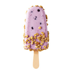 Delicious berry-flavored ice cream bar coated with crunchy granola on a stick