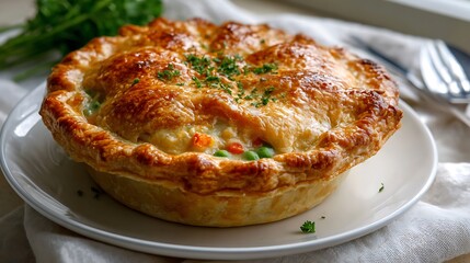 Golden-brown Pot Pie with Flaky Crust and Fresh Garnish
