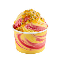 Colorful sorbet in a cup topped with passion fruit, set against a plain backdrop