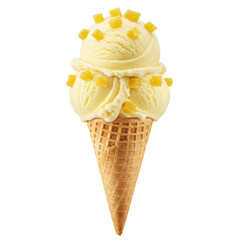 Delicious yellow ice cream cone topped with mango pieces, set against a clean background