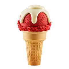 Delicious red ice cream topped with white drizzle in a waffle cone against a plain background