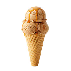 Delicious caramel ice cream cone with two scoops dripping in a bright setting
