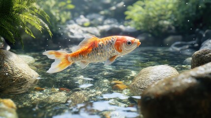 Koi fish swimming in a shallow, clear stream.  Sunlight filters through foliage