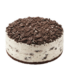 Creamy chocolate cake topped with crushed cookies, set against a simple background