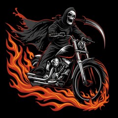 Dramatic illustration of a grim reaper figure with a skull face riding a motorcycle through flames on a dark background with a ominous and intense atmosphere