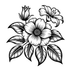 Elegant black floral illustration with intricate petals and leaves