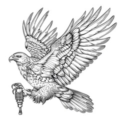 Highly detailed black and white illustration of a majestic eagle in flight with outstretched wings gripping a medieval sword with its talons, intricate feather pattern