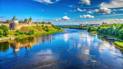 Fototapeta premium View from Narva in Estonia over the border river Narva and the Russian border to Ivangorod Russia in summer under a blue sky, Natural Beauty, Estonia