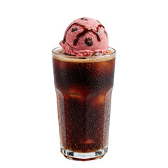 Refreshing soda float with pink ice cream atop, isolated on a white background
