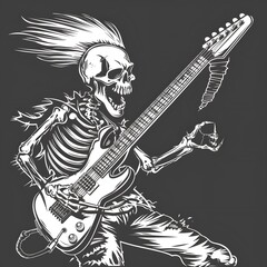 Dramatic detailed black and white illustration of a fierce skeleton with flowing hair playing electric guitar in a dynamic rock music pose on dark background