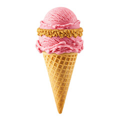 A delicious pink ice cream cone topped with crunchy sprinkles against a simple background