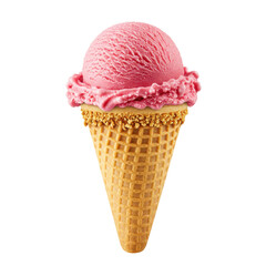 A vibrant pink ice cream scoop atop a golden waffle cone, set against a clean background
