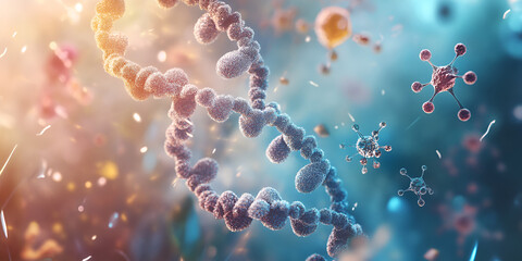 Close-Up of DNA Strand with Virus Cells in Digital Environment, 3D Representation of DNA and Virus Cells, Molecular Visualization of DNA and Infection Cells
