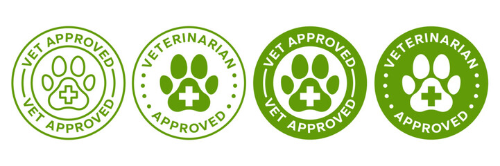Vet approved icon set. Veterinary diet, Veterinarian  approved label, logo, badge, round, circle, green, symbol, line, flat vector, isolated on white background. Footprint animal. Pet friendly icons.