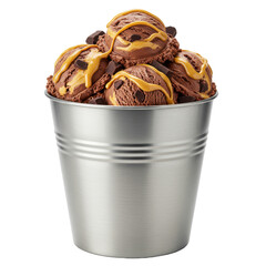 A metal bucket filled with scoops of chocolate ice cream drizzled with caramel
