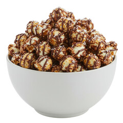 A large white bowl filled with chocolate-drizzled popcorn, perfect for movie nights