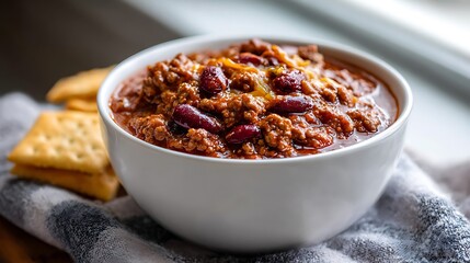 Hearty Bowl of Chili with Crackers on a Cozy Cloth
