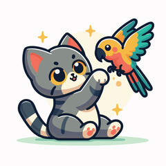 playful gray kitten with large eyes and pink paws sitting upright, reaching towards a vibrant parrot