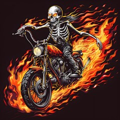Fierce skeleton rider with glowing eyes on classic motorcycle surrounded by dynamic flames and intense fiery background creating a striking rebellious biker scene