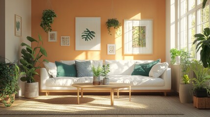Cozy lounge with white couches, green and blue pillows, wood table, art, plants, and peach-toned walls