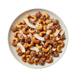 A vibrant assortment of cashews, coconut, and snack bars on a white plate