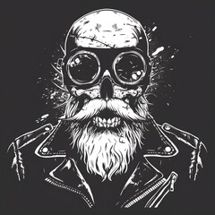 Black and white illustration of a skull with sunglasses and a beard wea a leather jacket with splatter effects and detailed line art style