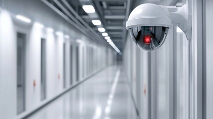 Futuristic security camera with infrared sensors and LED lights scanning a high-tech data center hallway