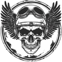 Grayscale Skull Wea Aviator Helmet with Sunglasses and Wings Artistic Tattoo Style Illustration for Edgy Design and Alternative Culture Themes
