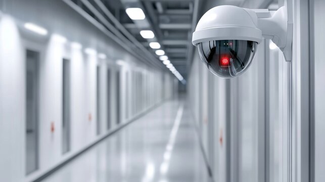 Futuristic security camera with infrared sensors and LED lights scanning a high-tech data center hallway - Powered by Adobe