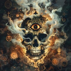 Mysterious Skull with an Eye in the Center Surrounded by Smoke and Mystical Symbols Creating a Dark and Artistic Fantasy Illustration