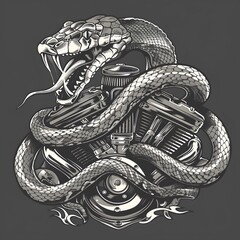 detailed black and white illustration of a fierce snake coiled around a vintage motorcycle engine with open mouth revealing teeth and forked tongue