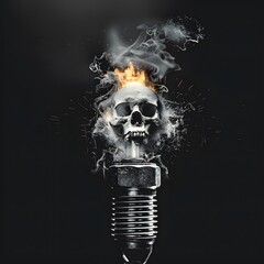 Artistic skull with fire and smoke emerging from a lightbulb symbolizing creativity and danger with dark background and dramatic lighting