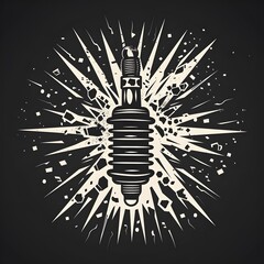 Creative artistic illustration of a spark plug with explosive burst effect in a dynamic black and white graphic design style emphasizing electrical energy and automotive parts