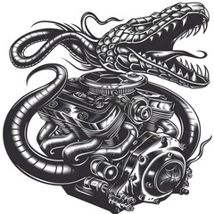 Intricate black and white illustration of a fierce venomous snake coiled around a detailed mechanical engine symbolizing danger and power with high contrast and fine line work