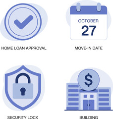 Home purchase icons. Loan approval badge, move-in date, security lock and building value for buyers  