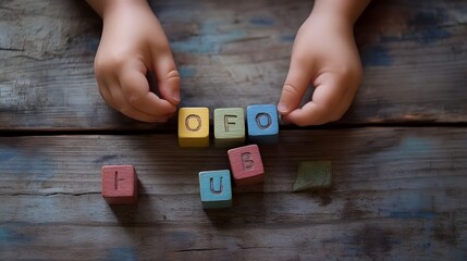 child's hands placing alphabet blocks to spell a word, educational activity on wooden table 
