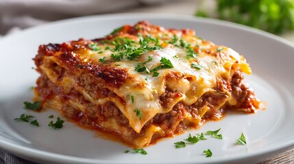 Delicious Lasagna with Melted Cheese and Fresh Herbs on a White Plate